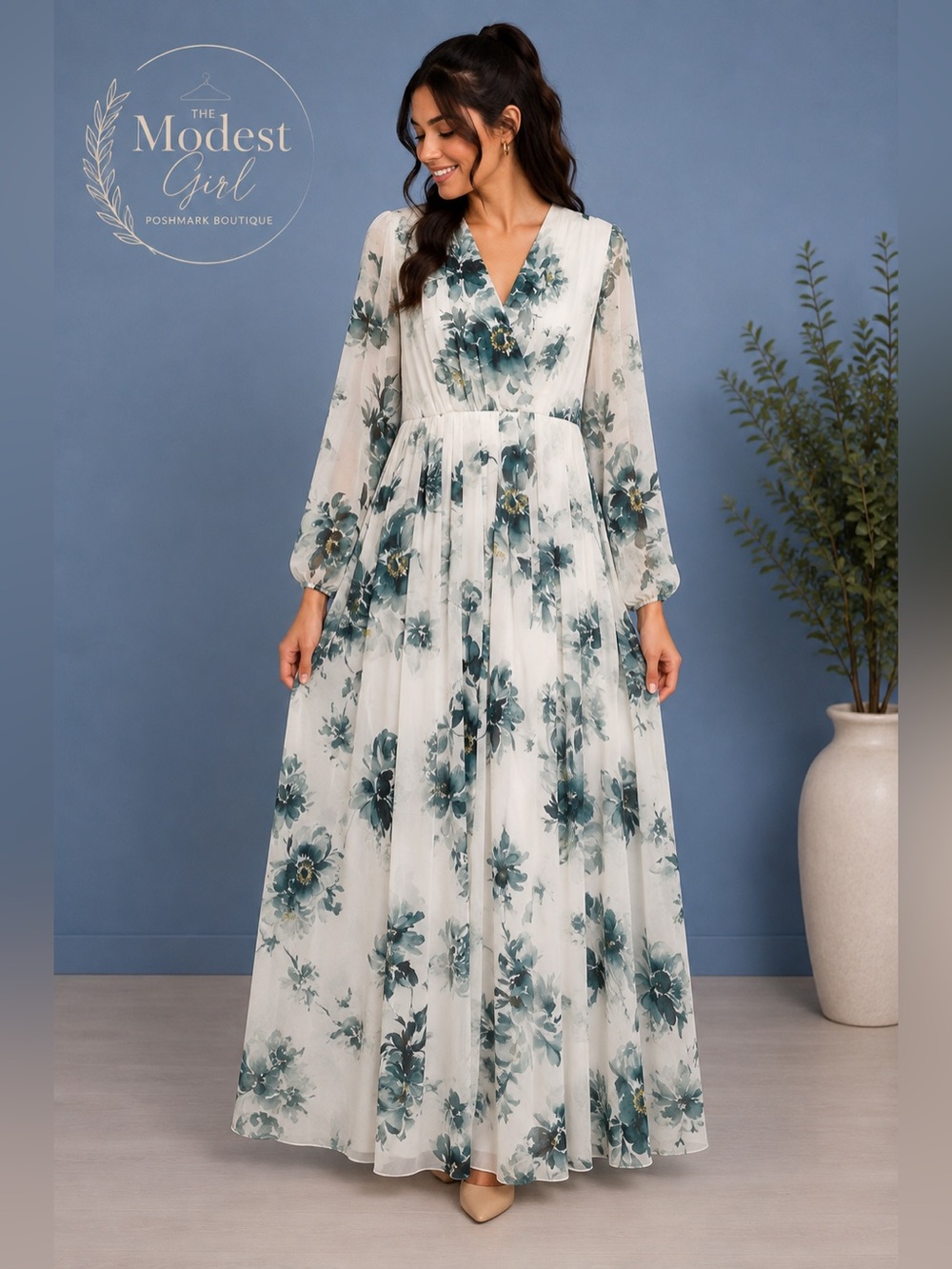White Maxi Dress with Teal Floral Print